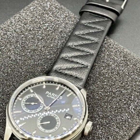 PARNIS 43mm Black Dial Calendar Power Reserve Seagull Leather Automatic Watch - Picture 6 of 9